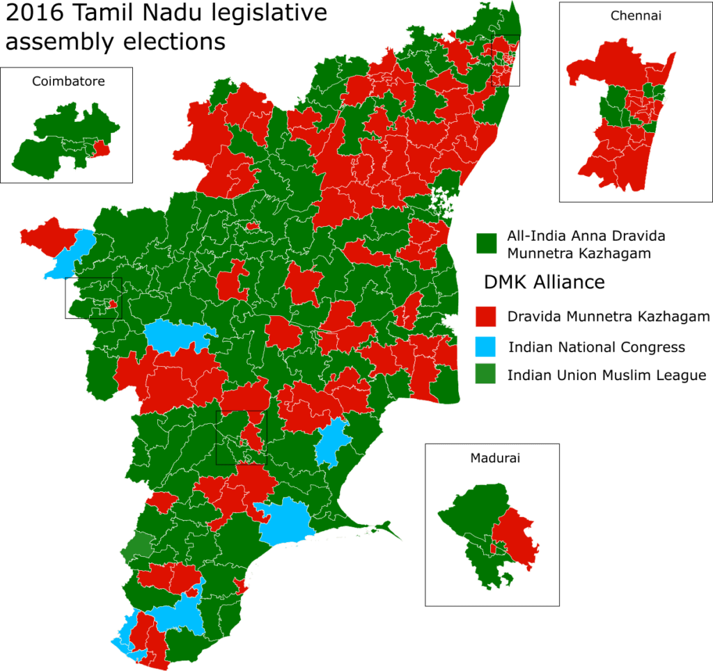 Map of the results of the 2016 Tamil Nadu Assembly election