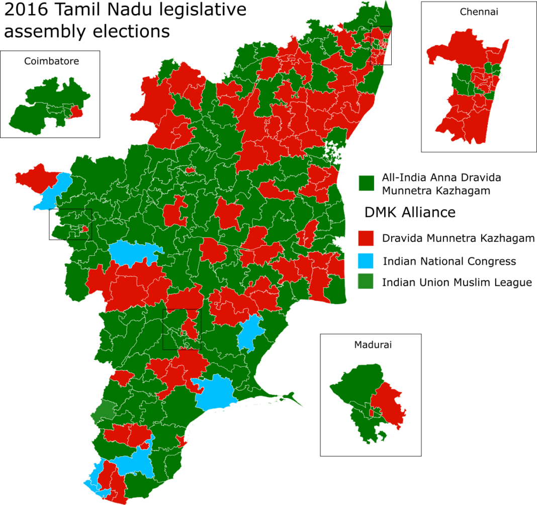 Tamil Nadu Assembly Elections: Voter Turnout Reaches 37.56% by 11 AM Amidst Calls for Polling Extension Map of the results of the 2016 Tamil Nadu Assembly election