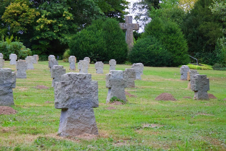 Peaceful cemetery scene with stone crosses and greenery during daytime.