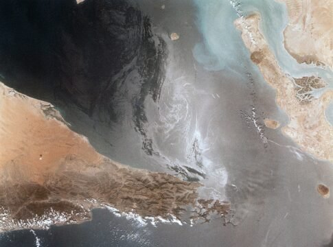 Portions of Oman, The United Arab Emirates and Iran are seen at the Strait of Hormuz (26.0N, 56.0E) in this view. A number of ship wakes can be seen in the area of the strait. Sunglint in the Persian…