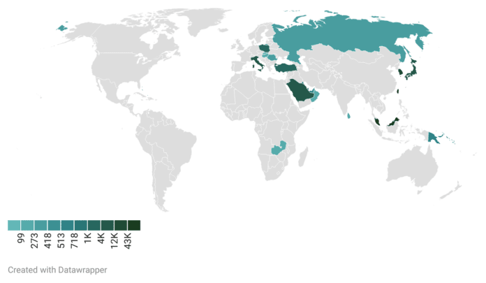 Sebaran pekerja migran Indonesia di seluruh dunia. Per akhir tahun 2022