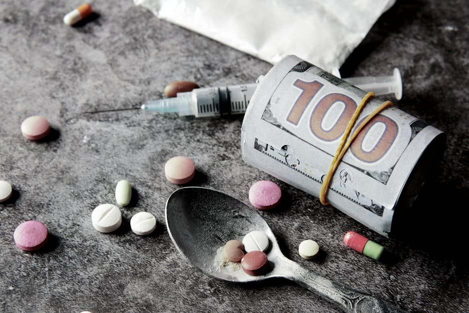 Jammu and Kashmir Launches 100-Day Campaign Against Substance Abuse Symbolic representation of drug addiction and financial cost with pills and money.