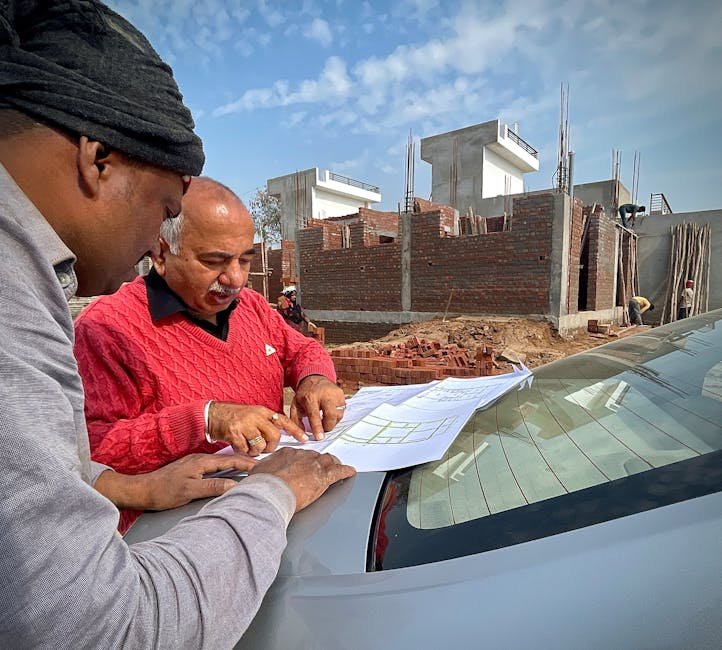 Team of architects examining building plans outdoors at a construction site.