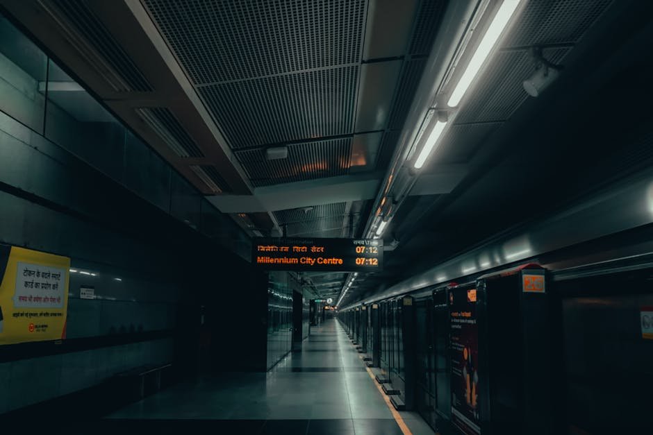 Delhi Metro Enhances Last-Mile Connectivity with Diverse Mobility Options A dimly lit urban subway platform in New Delhi with signs in multiple languages.