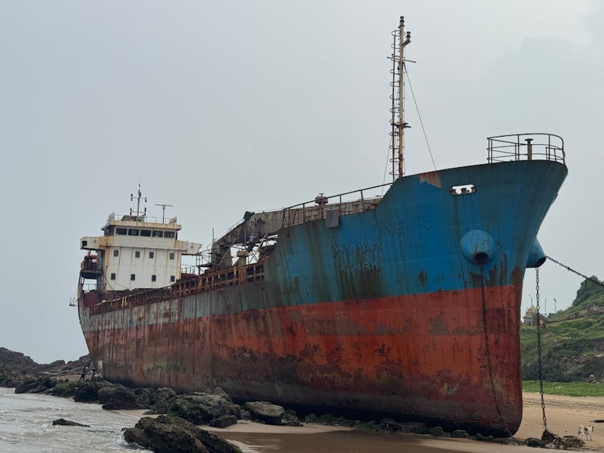 Andhra Pradesh: World War II’s Lingering Echoes in Visakhapatnam A large, rusted ship stranded on a rocky beach in Visakhapatnam, India.