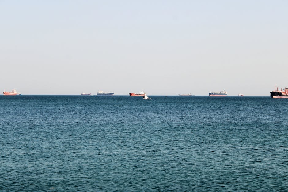 A tranquil ocean view featuring several cargo ships on the horizon under a clear sky.