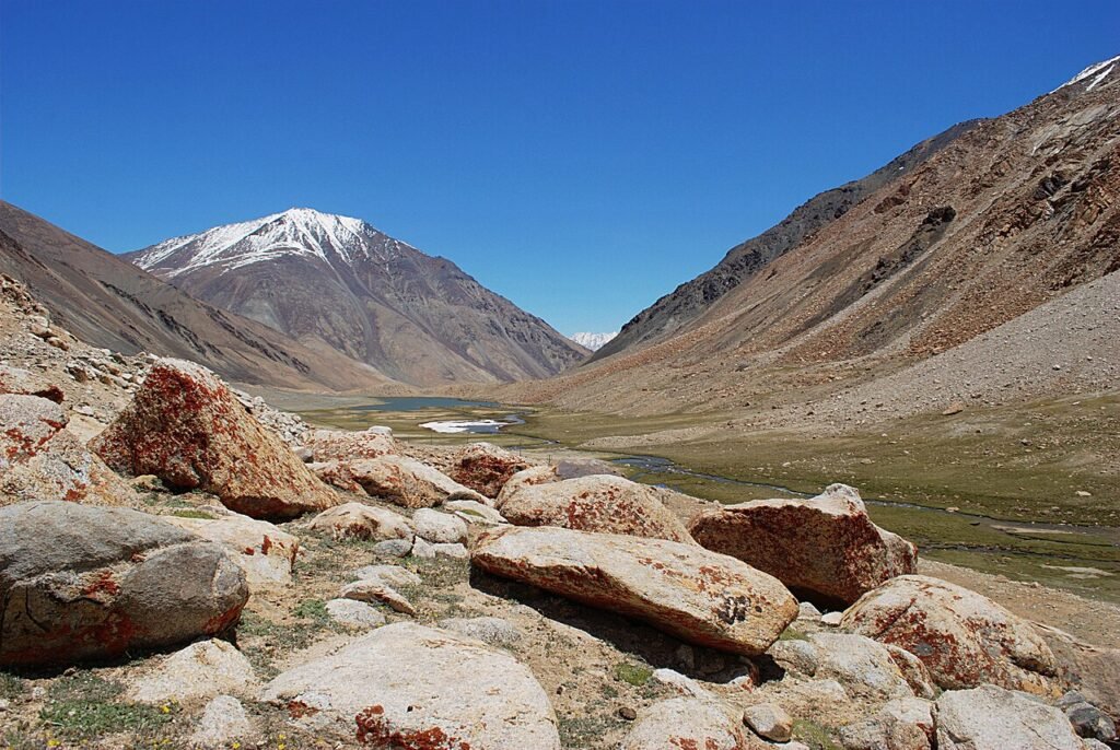 Chagar Tso, Ladakh, India - Most of the Ladakhi terrain is arid. Its the glacial streams that brings the valleys to life. On the way to Pangong Tso, the land was coming to life with red moss on the s…