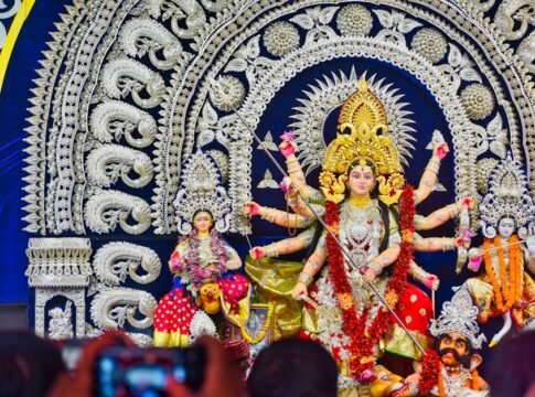 Colorful Durga Puja celebration in Bhubaneswar with ornate statues and festive décor. Colorful Durga Puja celebration in Bhubaneswar with ornate statues and festive décor.