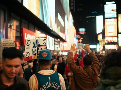 Dynamic night scene in Times Square, NYC with vibrant crowd and iconic neon lights. Dynamic night scene in Times Square, NYC with vibrant crowd and iconic neon lights.