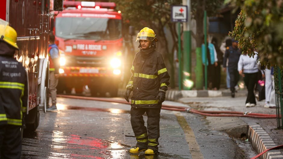 West Delhi House Fire Claims Teen’s Life, Grandmother Injured After Electric Scooter Explodes Firefighter in uniform stands near a fire truck in the street during an emergency operation.