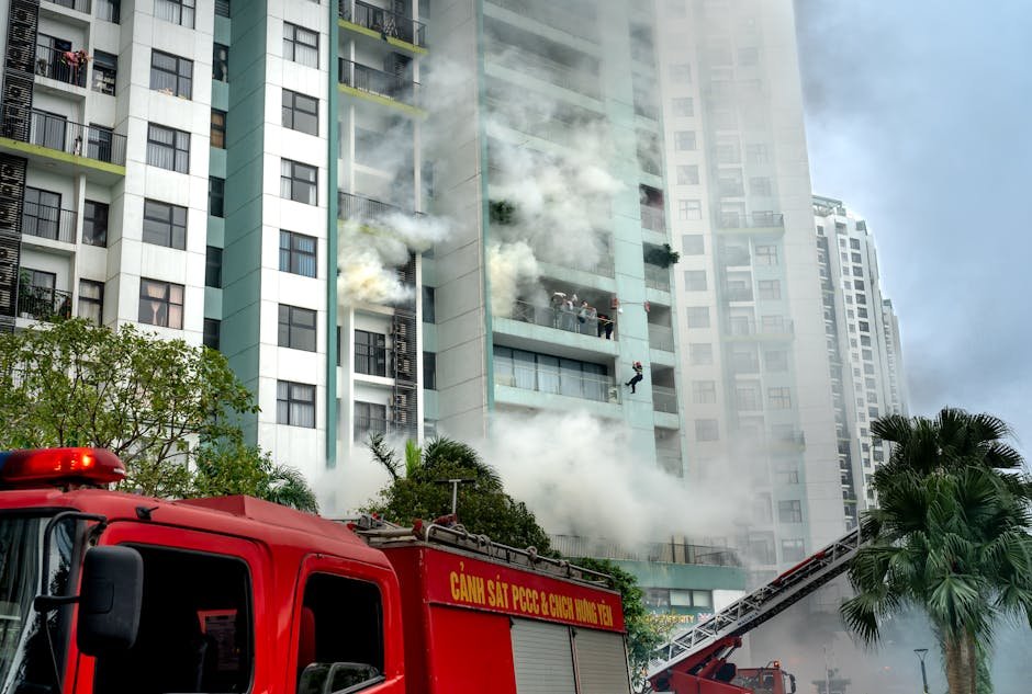 Delhi Building Fire Claims Nine Lives Amidst Concerns Over Safety Features Firefighters respond to a building fire with smoke and emergency vehicles in an urban area.