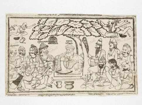 From the source: Guru Nanak sitting with Mardana (with rabab), Bala (with peacock feathers) and twelve yogis and two more yogis flying in the air. The picture illustrates the contest involving a lost…