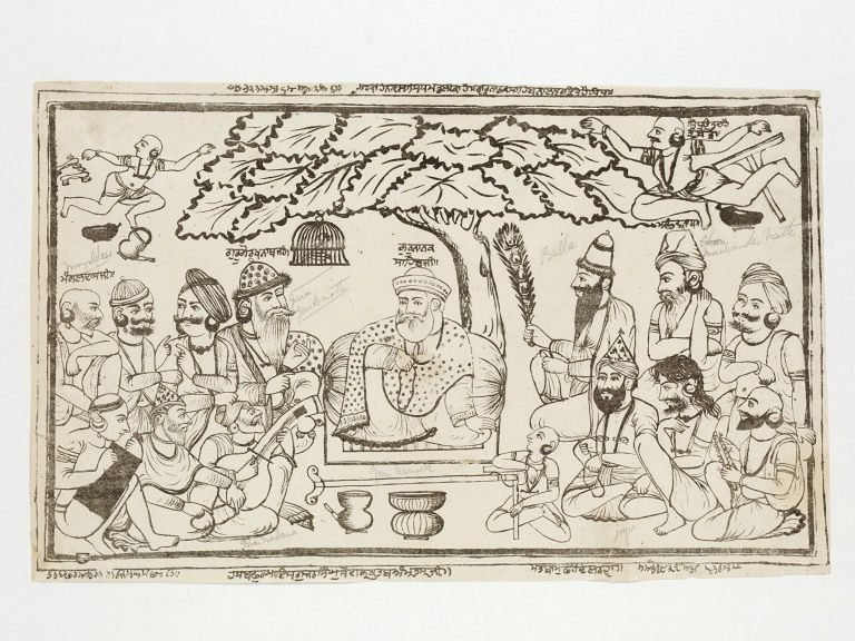 From the source: Guru Nanak sitting with Mardana (with rabab), Bala (with peacock feathers) and twelve yogis and two more yogis flying in the air. The picture illustrates the contest involving a lost…