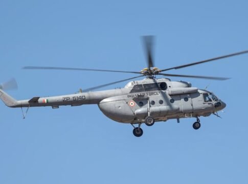 Indian Air Force Mi-17 helicopter flying over Bengaluru, India.
