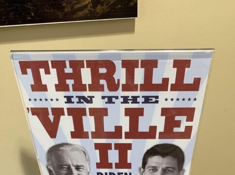 Poster on display at Centre College in Danville, Ky., advertising the Vice Presidential debate between Joe Biden and Paul Ryan that took place at Centre on October 11, 2012, ahead of the 2012 United …