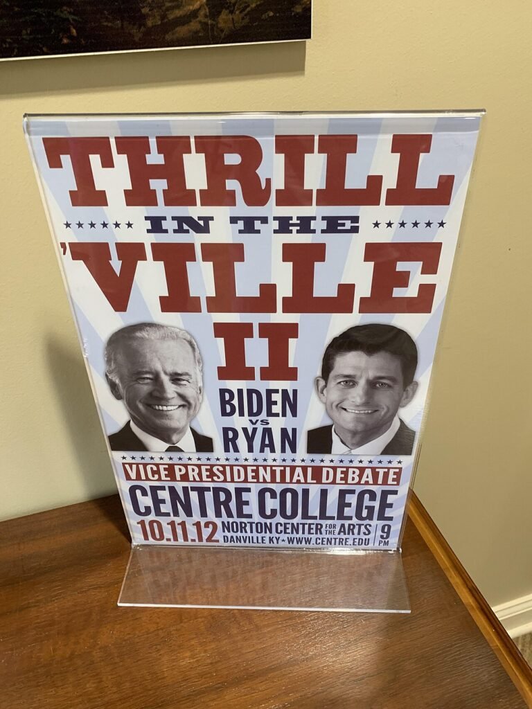 Poster on display at Centre College in Danville, Ky., advertising the Vice Presidential debate between Joe Biden and Paul Ryan that took place at Centre on October 11, 2012, ahead of the 2012 United …