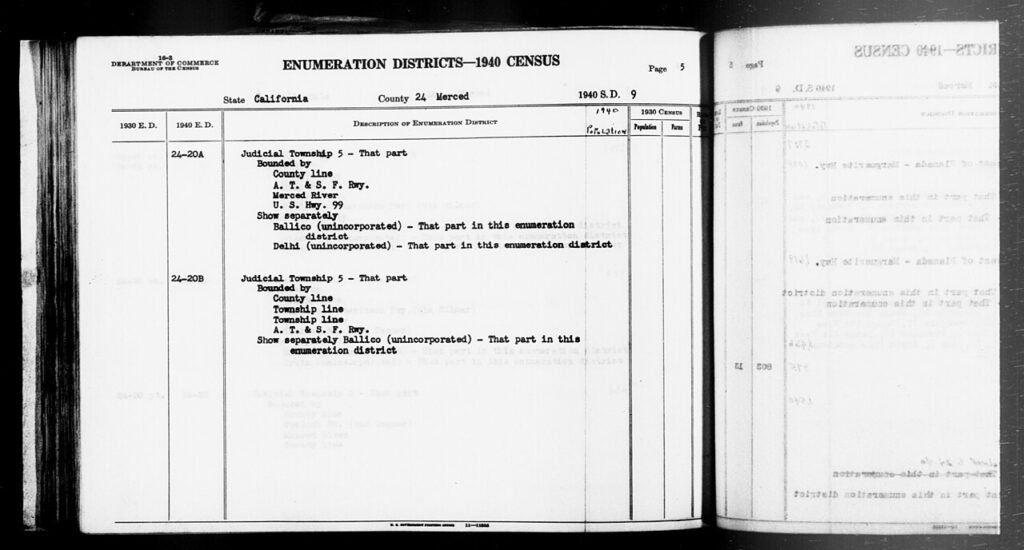 Scope and content: This item lists Enumeration Districts for: CA ED 24-20A: JUDICIAL TOWNSHIP 5 BOUNDED BY (N) COUNTY LINE; (E) ATCHISON, TOPEKA & SANTA FE RAILWAY; (S) MERCED RIVER; (W) U.S. HIG…