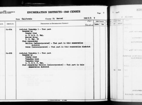 Scope and content: This item lists Enumeration Districts for: CA ED 24-20A: JUDICIAL TOWNSHIP 5 BOUNDED BY (N) COUNTY LINE; (E) ATCHISON, TOPEKA & SANTA FE RAILWAY; (S) MERCED RIVER; (W) U.S. HIG…