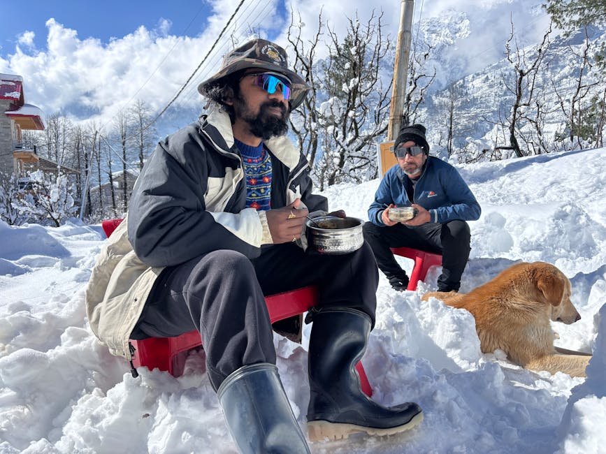 Mukesh Singh Appointed Manipur’s New Police Chief Two men seated in snowy landscape of Manali with a dog, enjoying a meal outdoors amidst a winter wonderland.