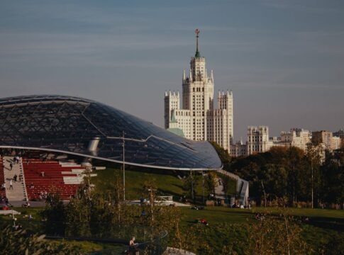 View of the iconic Moscow skyline with modern architecture in Zaryadye Park.
