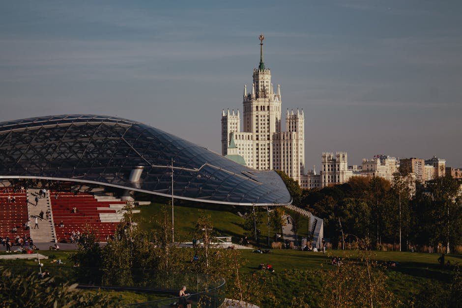 View of the iconic Moscow skyline with modern architecture in Zaryadye Park.