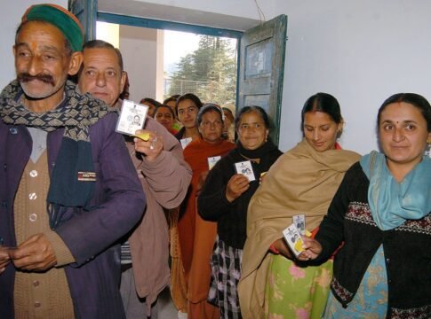 Voters are displaying their identity cards at a polling station, during 2nd phase of Himachal Pradesh Assembly Election-2007, on December 19, 2007.