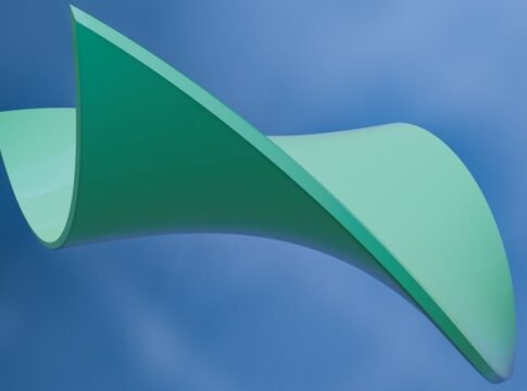 Abstract 3D green curved shape against a soft blue background, ideal for modern designs.