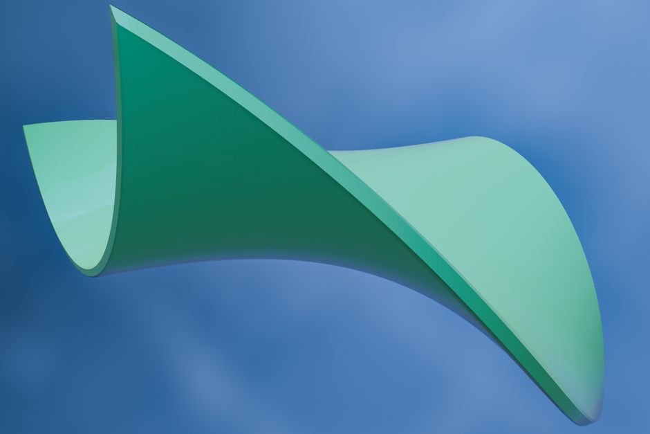 Abstract 3D green curved shape against a soft blue background, ideal for modern designs.