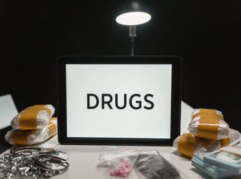 Conceptual image of drugs, money, and handcuffs on a table under harsh light, depicting crime themes. Conceptual image of drugs, money, and handcuffs on a table under harsh light, depicting crime themes.