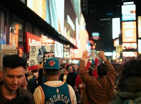 Dynamic night scene in Times Square, NYC with vibrant crowd and iconic neon lights. Dynamic night scene in Times Square, NYC with vibrant crowd and iconic neon lights.