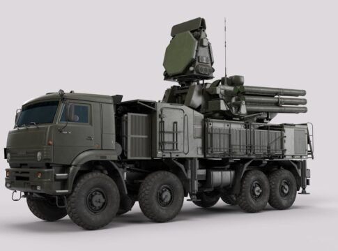 High-resolution image of a military anti-aircraft vehicle in a studio setting.