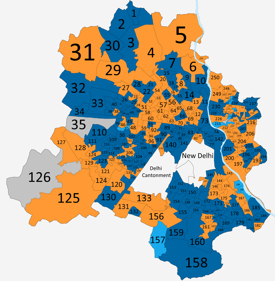 Map of Delhi showing wards and wining parties. AAP won majority of 134 wards, BJP stood 2nd and INC got 3rd by wining 104 and 9 wards respectively. Independents won 3 wards.