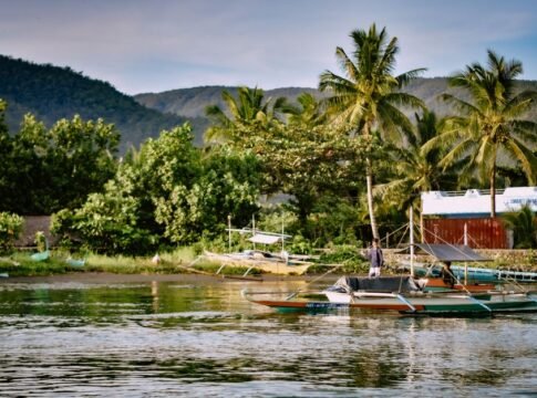 Scenic view of tropical harbor with traditional boats and lush greenery under a clear sky.