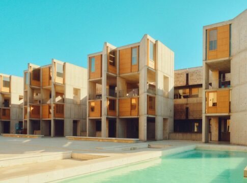 Stunning view of the Salk Institute showcasing brutalist design under clear skies.