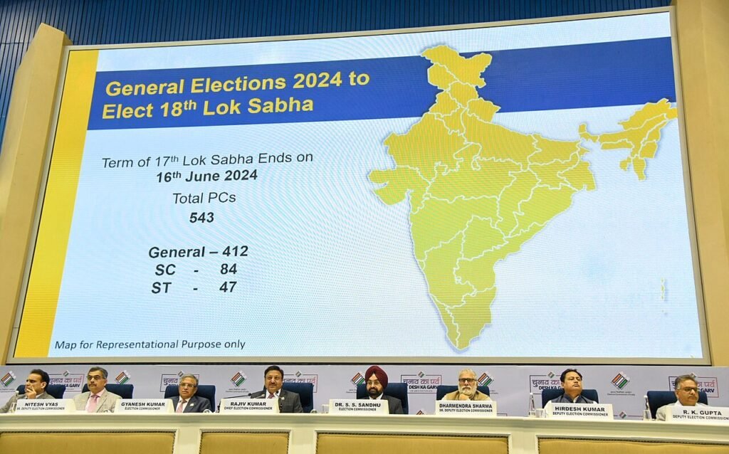 The Chief Election Commissioner, Shri Rajiv Kumar along with the Election Commissioners, Shri Gyanesh Kumar and Dr Sukhbir Singh Sandhu addressing a press conference on announce the Schedule for Gene…