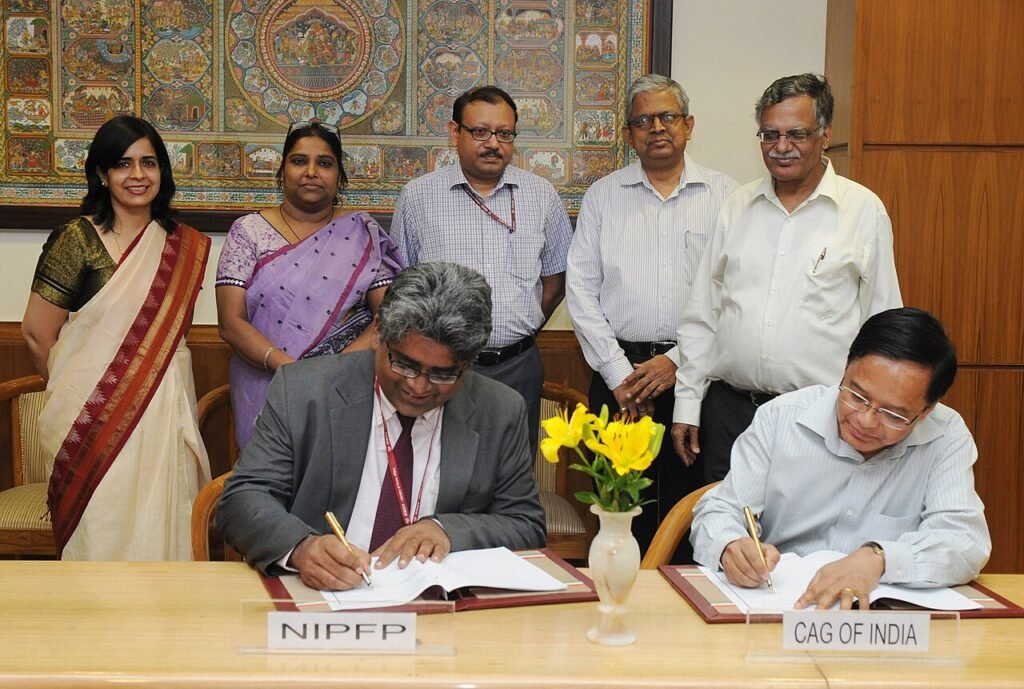 The Director General of Audit (Central Expenditure), Shri A.W.K. Langstieh and the Director, NIPFP, Shri Rathin Roy signing an MoU between the Comptroller & Auditor General of India (CAG) and Nat…