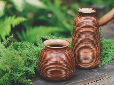 Two ribbed brown vases surrounded by lush greenery create a rustic aesthetic.