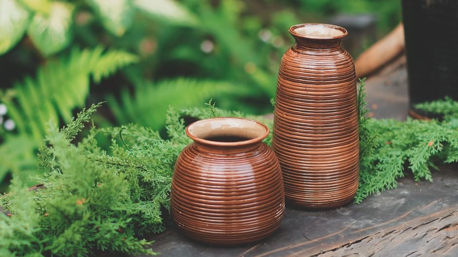 Pune Coach Naomi Vase’s Journey from School Rebel to AFC Licensed Tactician Two ribbed brown vases surrounded by lush greenery create a rustic aesthetic.