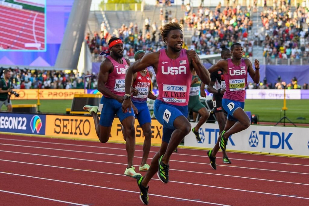 2022 World Athletics Championships Day 7 200m men final : Kenneth Bednarek, Noah Lyles, Erriyon Knighton