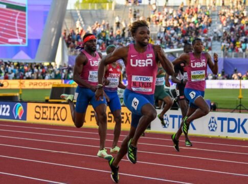 2022 World Athletics Championships Day 7 200m men final : Kenneth Bednarek, Noah Lyles, Erriyon Knighton