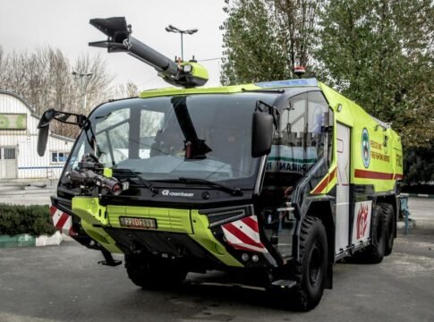 A high-tech firefighting vehicle parked outdoors in Tehran, Iran.
