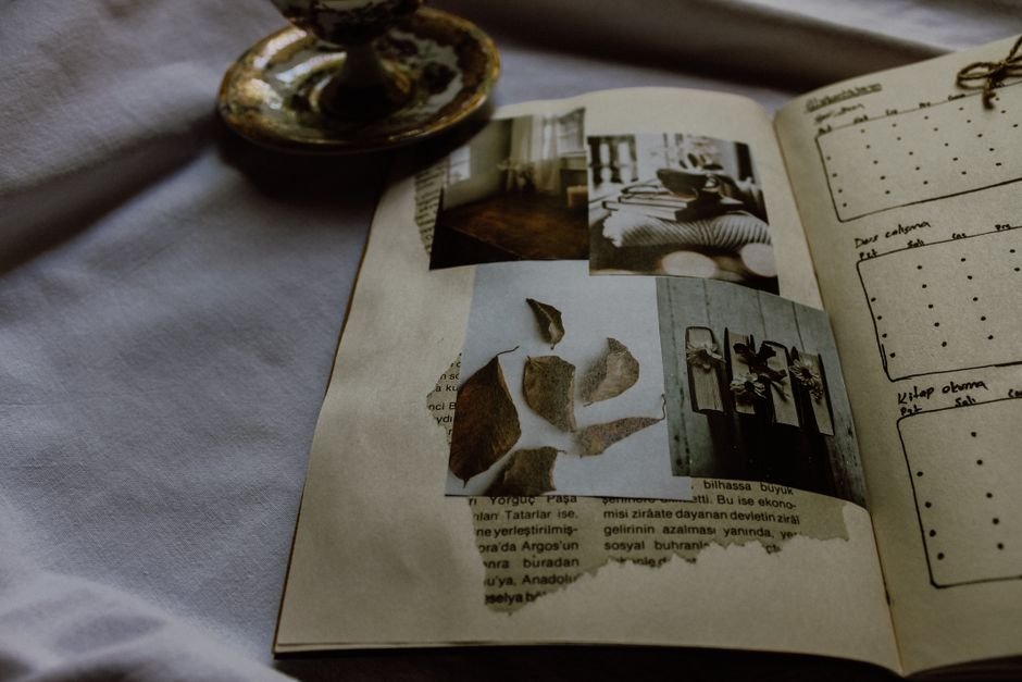 Geoforum Journal: A Hub for Interdisciplinary Research in Human Geography A vintage scrapbook featuring artistic photographs and journal entries, evoking nostalgia.