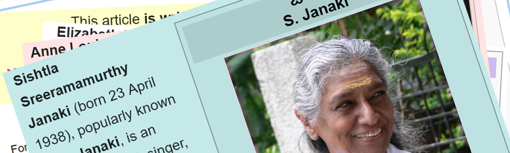 S. Janaki, ‘Nightingale of South India,’ Dies at 88 in Mysuru Banners for Women in Red in April. The #WikiWomenInRed twitter feed used this. Made from modified Wikipedia page screen shots