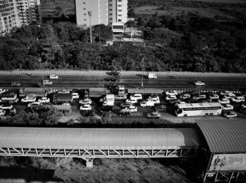 Black and white aerial view of a busy traffic jam on a Mumbai expressway. Black and white aerial view of a busy traffic jam on a Mumbai expressway.
