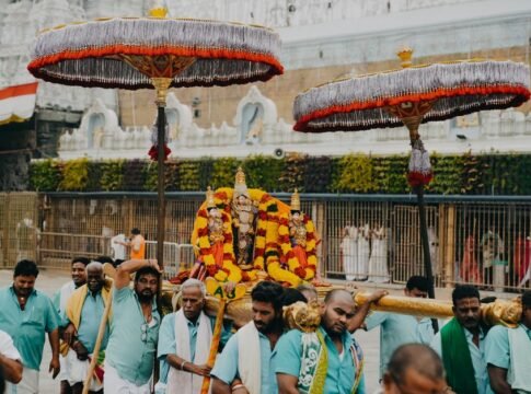 Capturing a vibrant Hindu procession at Tirumala Temple, highlighting cultural and religious traditions in Tirupati, India.