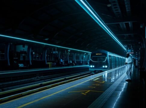 Dramatic night view of a metro station in Bengaluru with futuristic lighting and a modern train.