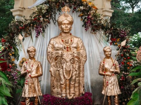 Golden statues displayed with floral decorations during Mysore Dasara in Karnataka, India. Golden statues displayed with floral decorations during Mysore Dasara in Karnataka, India.