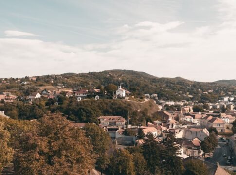 Scenic aerial view of Esztergom, Hungary with charming houses and autumn foliage. Scenic aerial view of Esztergom, Hungary with charming houses and autumn foliage.
