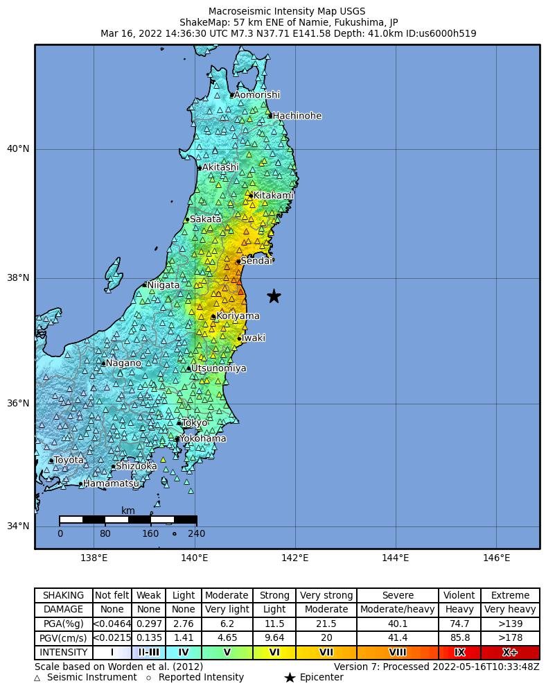 Shakemap from USGS for the magnitude 7.3, maximum intensity 7.278 earthquake with tsunami near en:Usgs Neic Shakemap (57 km ENE of en:Namie, Japan), 63.1 km depth.