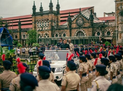 Vibrant parade with police officers celebrating Independence Day in Mumbai, India, near Chhatrapati Shivaji Terminus. Vibrant parade with police officers celebrating Independence Day in Mumbai, India, near Chhatrapati Shivaji Terminus.